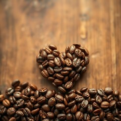 Obraz premium Herz aus Kaffeebohnen auf rustikalem Holzhintergrund, warmes Licht, gemütliche Kaffeeatmosphäre.