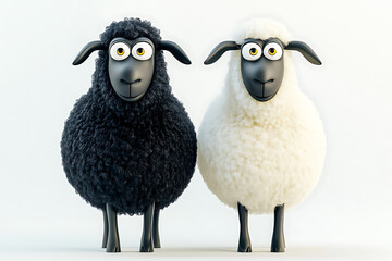 Obraz premium Two cartoon sheep, one black and one white, standing side by side against a plain background