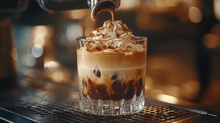 A close-up of a rich espresso shot being pulled into a glass, crema forming beautifully on top, coffee lover is dream