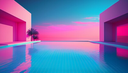 minimalist wallpaper featuring a blue and pink vaporwave swimming pool with relaxing water concept of vacation dreams