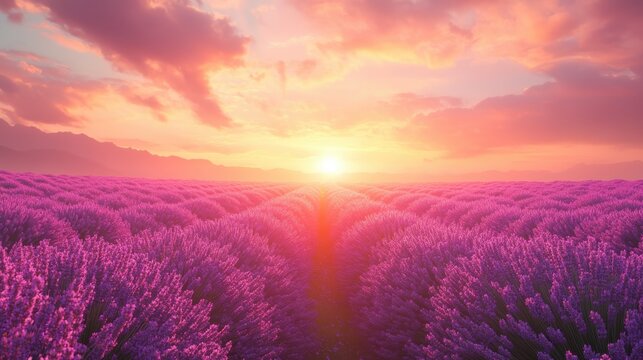 A dreamy lavender field at sunset, endless rows of purple flowers leading to a glowing horizon