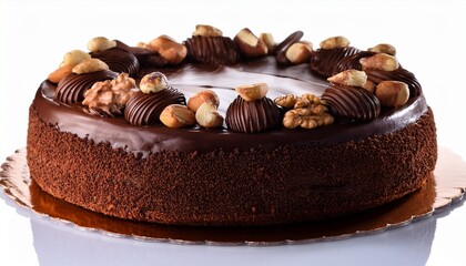 a chocolate cake with nuts on top