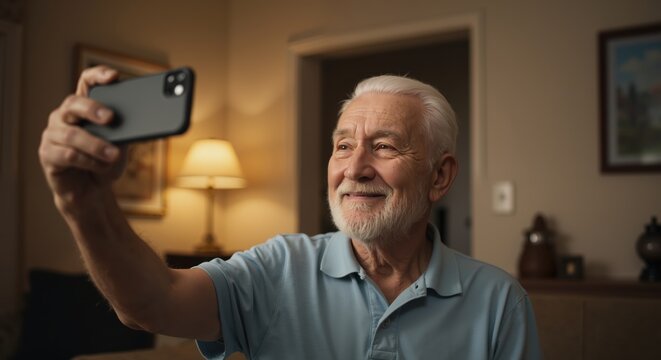 Elderly man smiling while taking a selfie in a cozy living room - Powered by Adobe