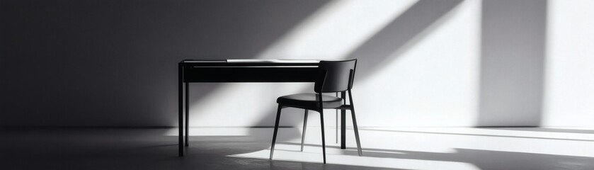 A minimal office setup featuring a desk, chair, and natural light creating interesting shadows 