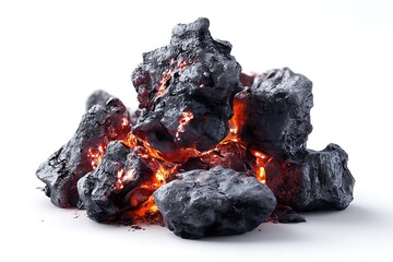 A set of burning charcoal embers with glowing fire and sparks, isolated on a diffrent collers or white background, capturing the essence of warmth and energy.