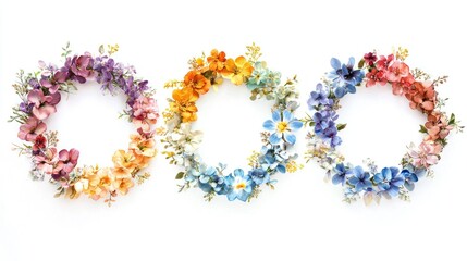 Colorful floral wreath round panels on white background.