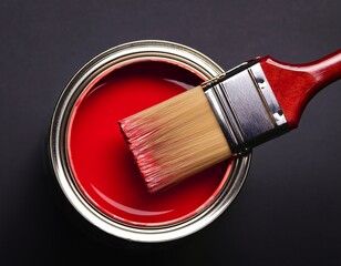 open can of vibrant red paint with brush resting on edge against dark background creating bold contrast perfect for painting services interior design color trends diy and creative branding