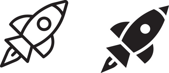 Rocket icon, simple line drawing, black and white, minimalist design, space travel symbol, retro futuristic, vector graphic, clean outlines, cartoon style © Icon Design 