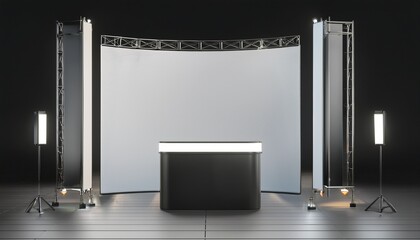 fabric display banner stand backdrop for trade show advertising stand with led or halogen light and pop up counter 3d render illustration