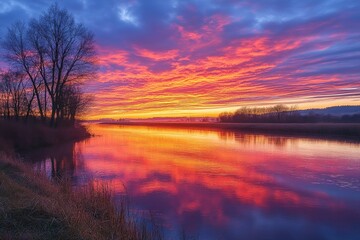 Obraz premium Vibrant sunset reflecting on calm river water, creating a breathtaking spectacle of nature's beauty.