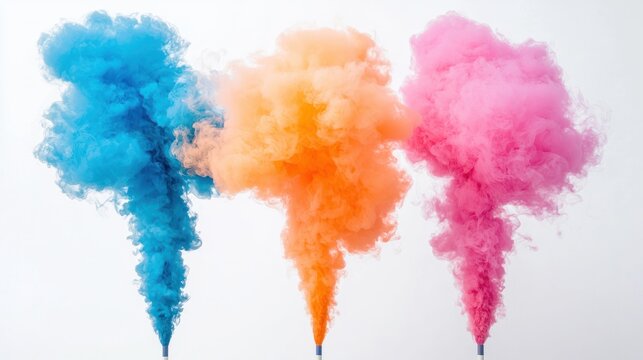 Colorful smoke bomb explosions on white background.