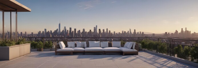 Fototapeta premium Modern apartment, city skyline view from rooftop terrace, interior, design, gym