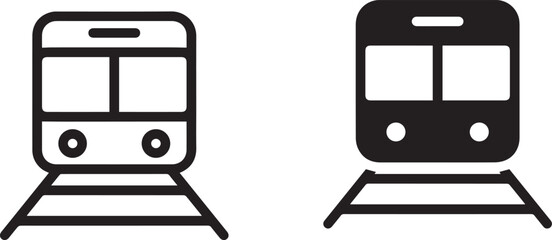 Simple train icon, minimalist design, front view, black and white, two variants, rectangular shape, rounded corners, headlights, symmetrical, graphic illustration, transportation symbol