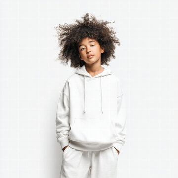Girl white hoodie mockup kid casual blank studio fashion confident relaxed standing