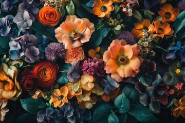 Fototapeta premium A vibrant tapestry of autumnal blooms, showcasing a rich array of colors and textures in a close-up floral arrangement.