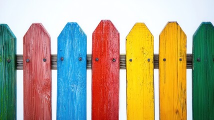 Fototapeta premium Colorful wooden fences in pairs of complementary colors on white surface.