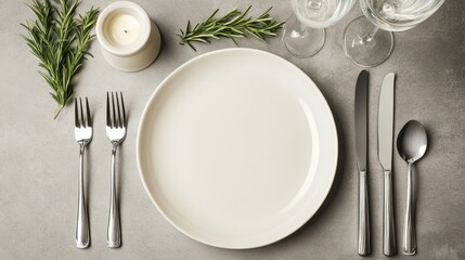 Empty dinner plate with silverware on a gray table setting.