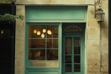Fototapeta premium Charming storefront with teal framing and decorative lighting showcasing inviting ambiance in a quaint urban area during daylight