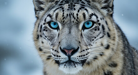 Fototapeta premium Majestic Snow Leopard Stunning Close-Up Portrait of a Wild Cat with Captivating Blue Eyes in a Winter Wonderland