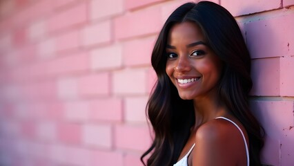 Fototapeta premium Portrait of a beautiful young african american woman smiling against pink wall