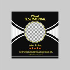 Modern Black and White Client Testimonial Social Media Post Template with Bold Yellow Text, Orange Star Ratings, Circular Photo Placeholder, Clean Geometric Professional Design