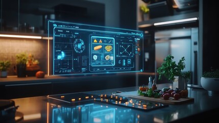 A digital AI interface controlling a smart kitchen with holographic recipe guidance