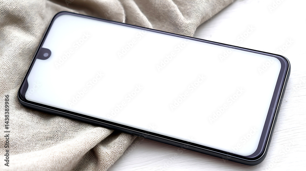 Poster Smartphone lying on soft fabric with an empty screen ideal for digital content creation and mockups : Generative AI