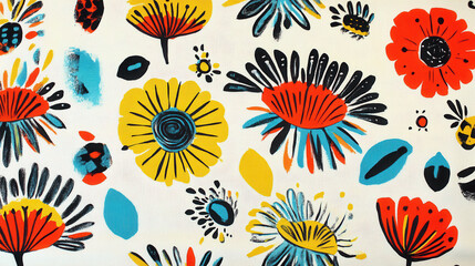 A vibrant display of large and small floral designs showcases a variety of colors including red, blue, yellow, and black on a white background