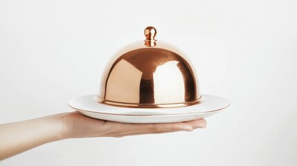 Fototapeta premium Copper serving cloche held above an empty plate on white background.