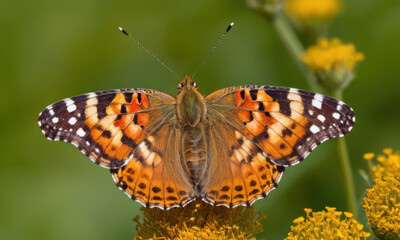 Obraz premium A close-up image of a colorful butterfly perched on the center of a bright yellow flower