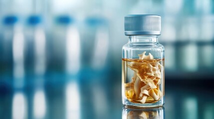 Glass vial with preserved specimen submerged in liquid on blurred background