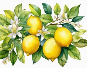 a lemon branch several lemons lemon leaves and flowers watercolor hand painted