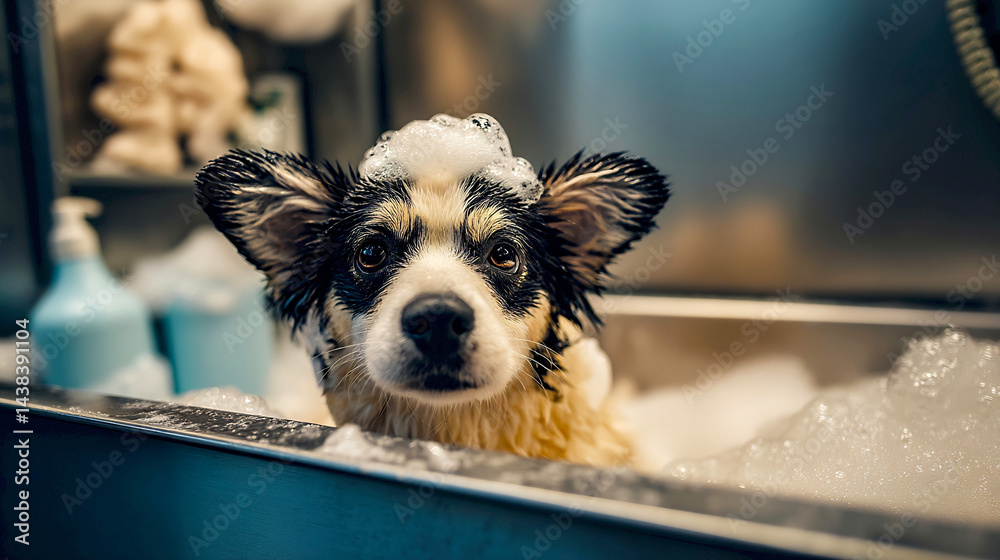 Poster cute dog enjoying a soapy bath in a home environment : generative ai