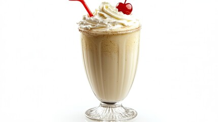Creamy Milkshake with Whipped Cream and Cherry on Top in Glass
