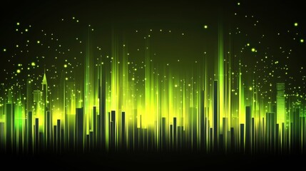 Vibrant Green City Skyline with Abstract Light Effects and Sparkling Stars