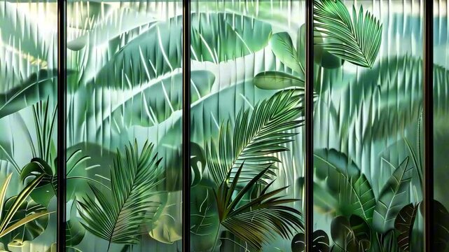 Tropical green palm leaf mural on modern glass wall with artistic lighting and vertical reflections. Concept of nature-inspired interior design