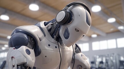 Fototapeta premium android robot with headphones in a gym