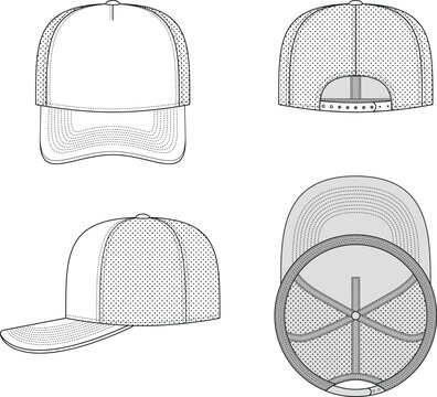 Editable technical flat sketch of the trucker cap. Front, back, side, and bottom views. For fashion design and tech packs.