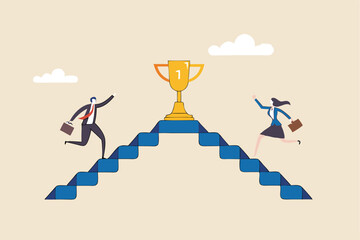 Business competition, employee motivation to success, rivalry or conflict, contest or challenge to achieve target, effort concept, businessman and businesswoman walk up stair compete to win trophy.