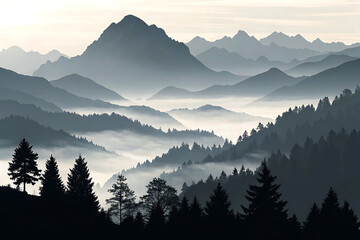 Obraz premium Black Mountain Silhouette Landscape Panorama Illustration.
