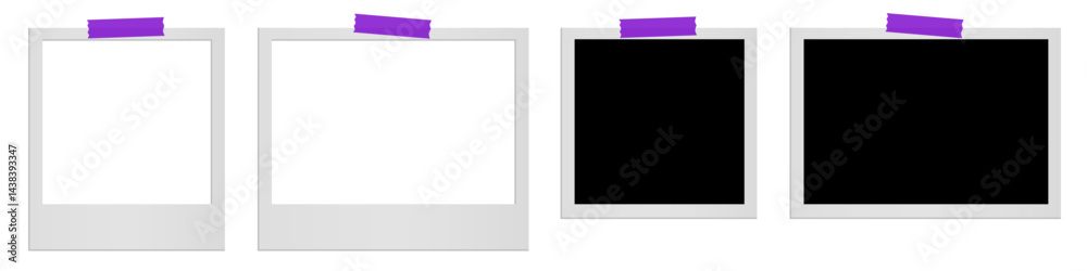Poster Polaroid photo frames collection. Empty white and black photo frame mockups fixed with sticky tape. Vector illustrations set