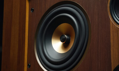 A detailed view of a speaker on a wooden surface, ideal for use in product photography or presentations