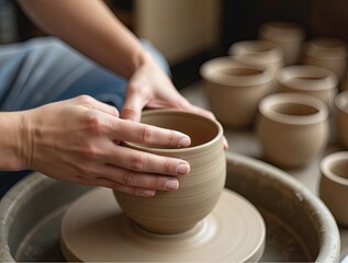 Hands crafting pottery on a wheel, focusing on the creative process and tactile artistry of handmade ceramics.


