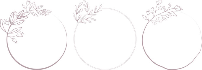 Set of vintage hand-drawn floral circle frames with delicate leaves flowers, ideal for wedding invitations logo design branding elegant decorative purposes Decorative wreath for typography Copy space