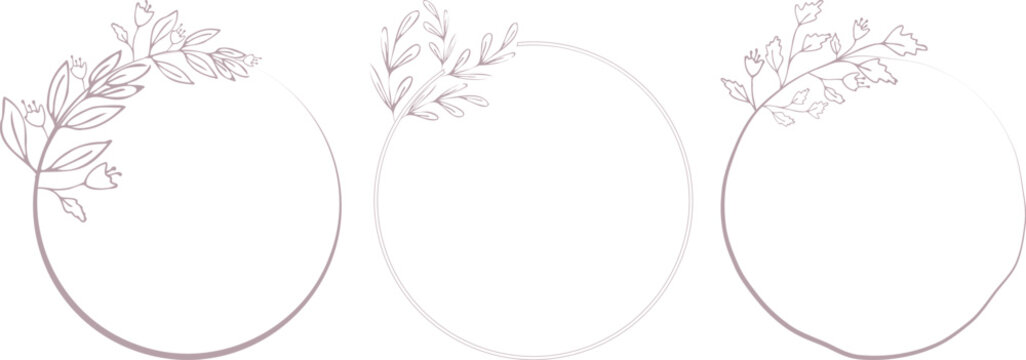 Set of vintage hand-drawn floral circle frames with delicate leaves flowers, ideal for wedding invitations logo design branding elegant decorative purposes Decorative wreath for typography Copy space