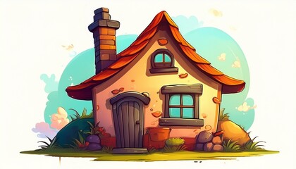 a cartoon house with a chimney and a window