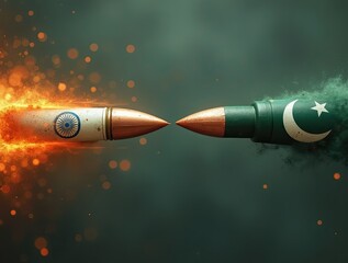 Bullets in Indian and Pakistani colors speeding toward collision, highlighting conflict and dramatic movement.

