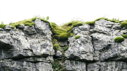 Craggy cliffs with moss and small plants growing in crevices on white background