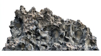 Fototapeta premium Craggy volcanic rock cliffs with deep grooves on white background