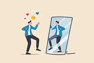 Self acceptance, love and respect yourself, key to success, confidence and positive thinking, attitude or mindset for leader concept, confidence businessman appreciate his self reflection on mirror.